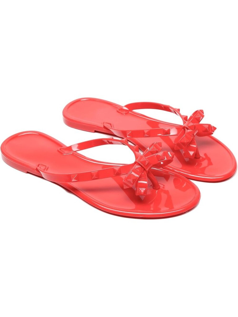 Women's All Red Thong Open Toe Jelly Bow Stud Slip On Studded Flat Sandal Shoes